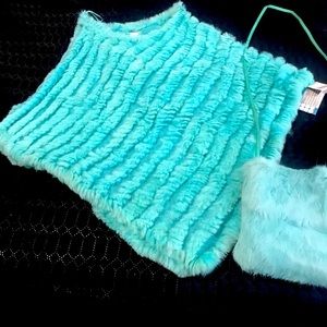 Teal green Rabbit Fur Poncho with matching cross body purse